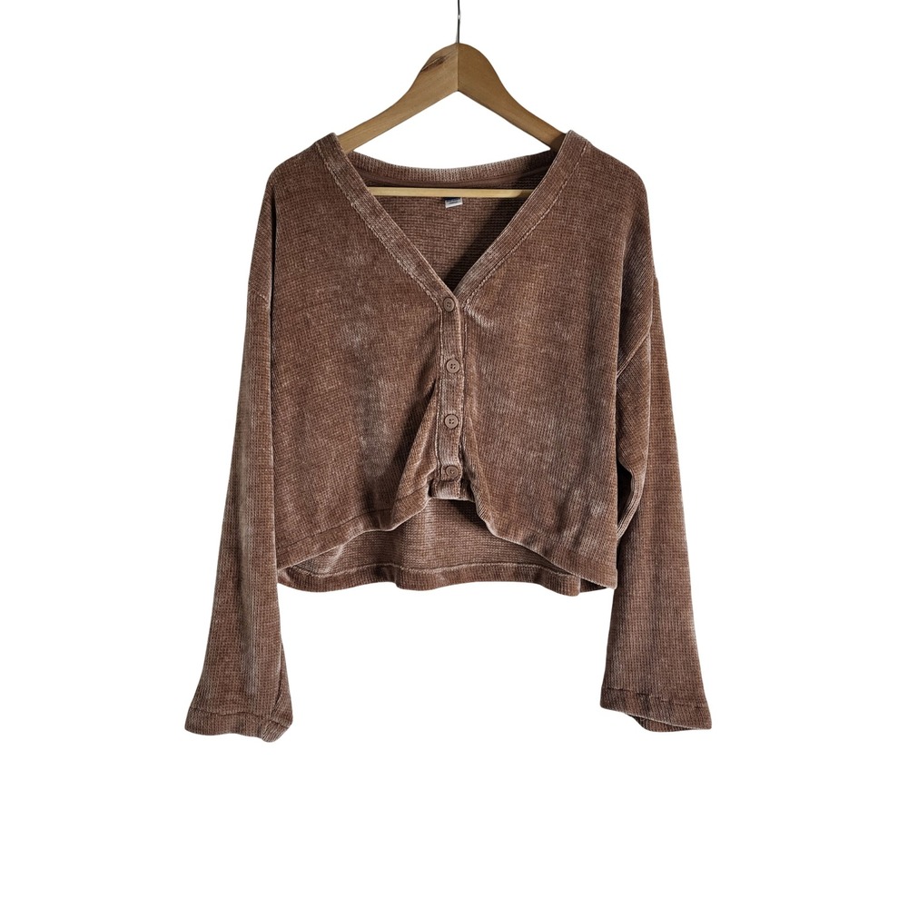 Old Navy Brown Waffle Knit Chenille Cropped Cardigan Sweater L Cozy Comfy